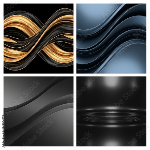 16K ultra-HD luxury abstract background set, four different designs:

1. black gold flowing waves,


2. dark blue metallic curves,


3. matte charcoal soft gradients,


4. glossy black reflective surf