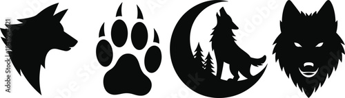 Wolf silhouette logo collection with howling wolf and paw print, black wildlife animal emblem set isolated on white background