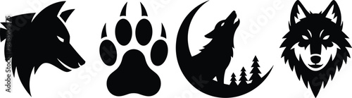 Wolf silhouette logo set with howling wolf and paw print, black wildlife animal icons isolated on white background