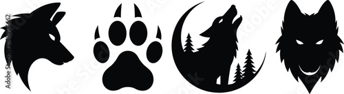 Wolf silhouette logo set with howling wolf and paw print, black wildlife animal symbols isolated on white background