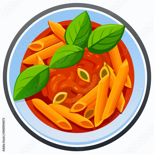 A plate of penne pasta is topped with a rich tomato sauce and a fresh basil garnish.