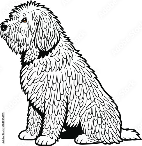 Komondor dog sitting side profile view looking away