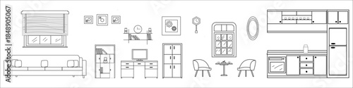Front icons of furniture of home interiors, bedroom, living room, office, kitchen, vector illustration