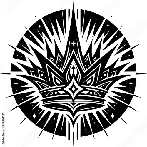 Majestic Crown Emblem: A stylized, monochromatic emblem of a royal crown, exuding regality and power, its intricate design a testament to artistry and symbolism.