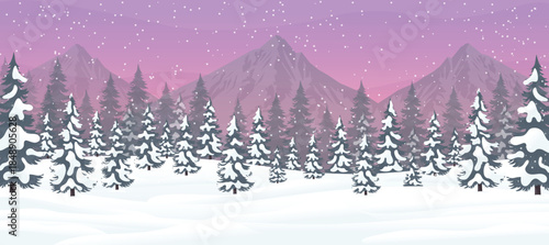 Winter Snowy Mountain Forest Landscape Background Pink Purple Sky Vector Illustration.