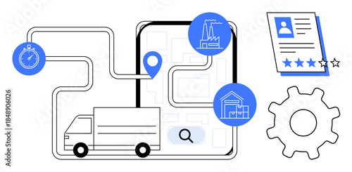 Truck following route with location pin, stopwatch, factory, warehouse icons, search, performance review, and gear. Ideal for logistics, delivery time management navigation supply chain quality