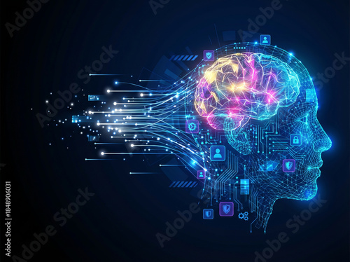 Artificial Intelligence brain processing digital data in a futuristic human head, symbolizing machine learning, innovation, and cybersecurity.