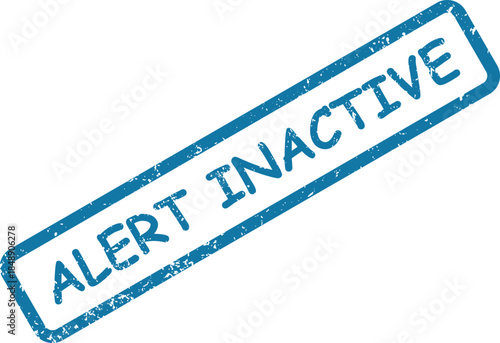 A blue distressed rubber stamp impression on a clean white surface reads ALERT INACTIVE diagonally