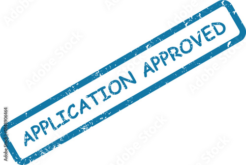 Blue distressed rubber stamp with the text APPLICATION APPROVED clearly visible on a white surface