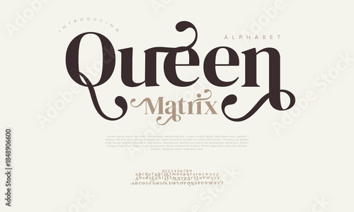 Queen Matrix typography beauty fashion elegant minimalist serif italic fonts decorative wedding vintage retro logos. Minimal luxury font alphabet logo. Vector illustration