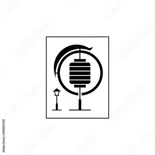Lunar New Year lantern silhouette short pole stand curved roof eave arc design one vector illustration