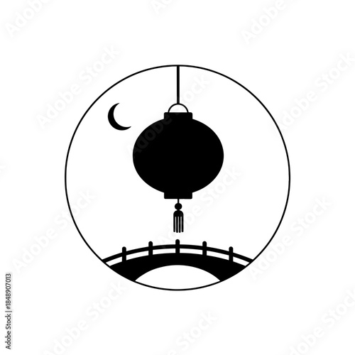 Lunar New Year lantern silhouette round paper single thick hanging cord curve vector illustration