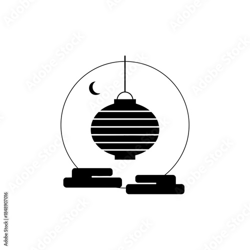 Lunar New Year lantern silhouette round paper single thick hanging cord curve design three vector illustration