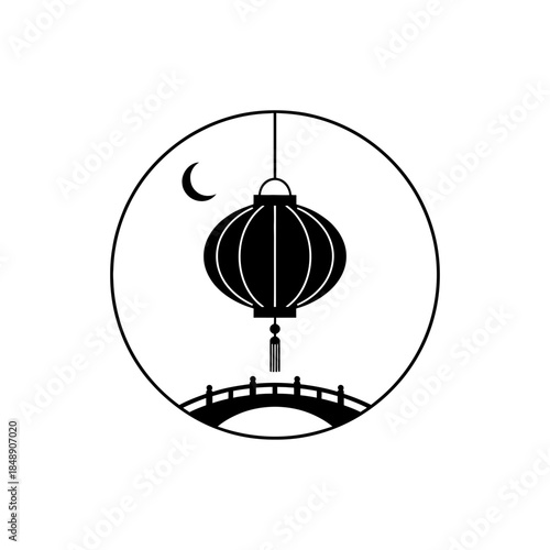 Lunar New Year lantern silhouette round paper single thick hanging cord curve design four vector illustration