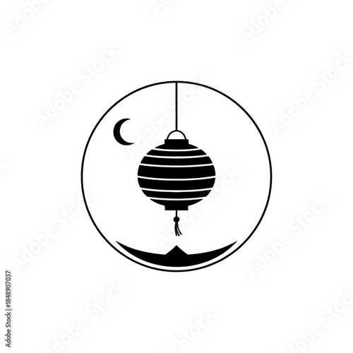 Lunar New Year lantern silhouette round paper single thick hanging cord curve design one vector illustration