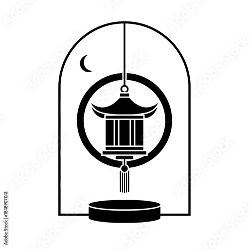Lunar New Year lantern silhouette pagoda inspired very simplified single thick hanging vector illustration