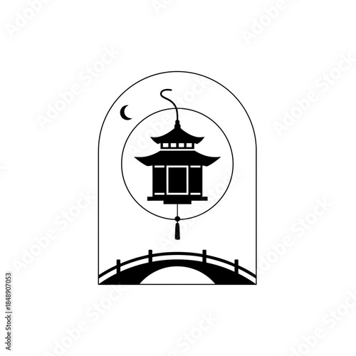 Lunar New Year lantern silhouette pagoda inspired very simplified single thick hanging design two vector illustration