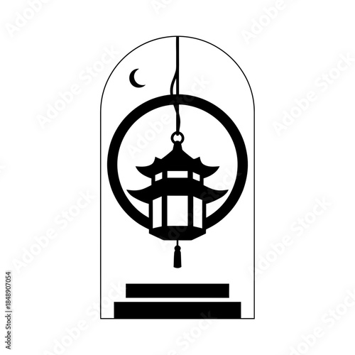 Lunar New Year lantern silhouette pagoda inspired very simplified single thick hanging design one vector illustration