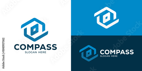 Creative simple compass logo template. Abstract compass in hexagonal shape. Minimalist modern compass logo design vector illustration.