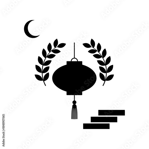 Lunar New Year lantern silhouette minimalist tassel single thick hanging cord curve vector illustration