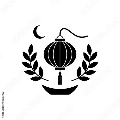 Lunar New Year lantern silhouette minimalist tassel single thick hanging cord curve design two vector illustration