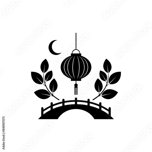 Lunar New Year lantern silhouette minimalist tassel single thick hanging cord curve design one vector illustration