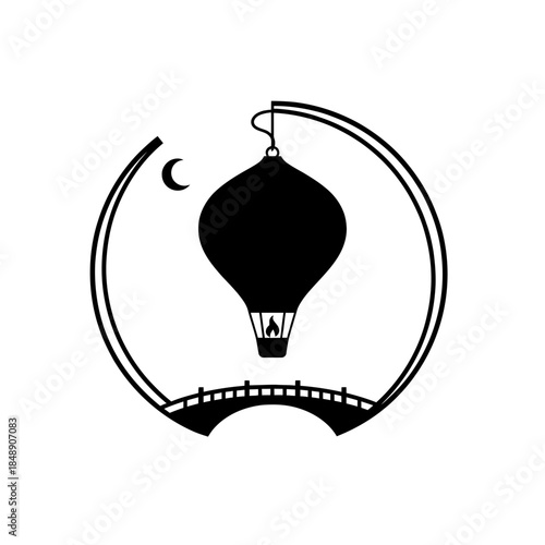 Lunar New Year lantern silhouette floating sky single thick hanging cord curve vector illustration