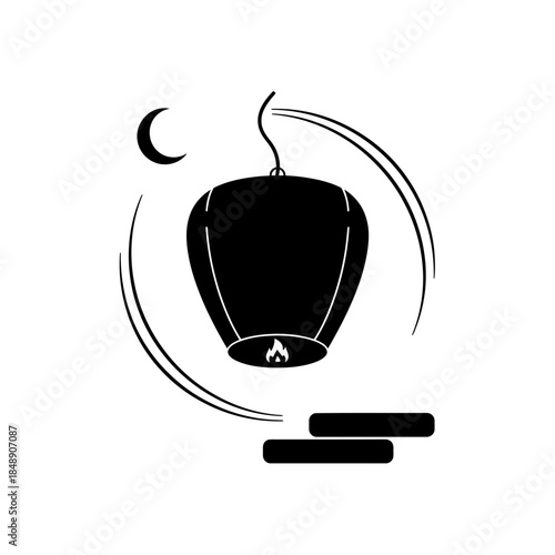 Lunar New Year lantern silhouette floating sky single thick hanging cord curve design three vector illustration