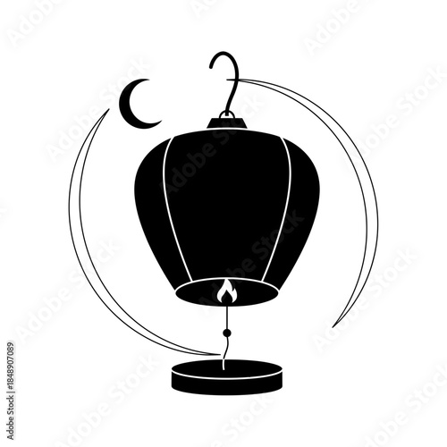 Lunar New Year lantern silhouette floating sky single thick hanging cord curve design two vector illustration