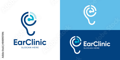 Creative simple ear clinic logo template. Hearing aids logo design vector illustration.