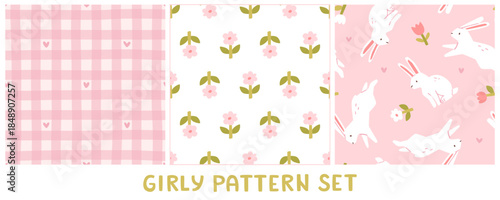 Girly pattern set with bunnies and flowers. Pink cute seamless vector print collection.