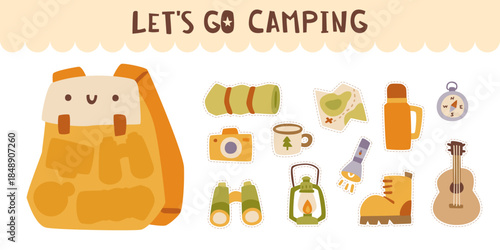 Camping backpack mini game for kids. Cute cartoon camp game for children.