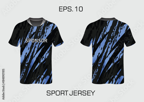Sports jersey t-shirt template with an abstract blue and black graphic pattern for football or esports.