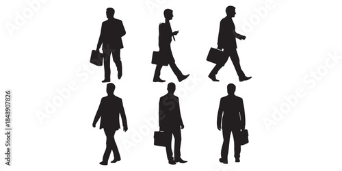 Business people silhouettes, professional men and women in suits, standing, walking, gesturing, holding briefcase, corporate teamwork poses, office staff, vector illustration