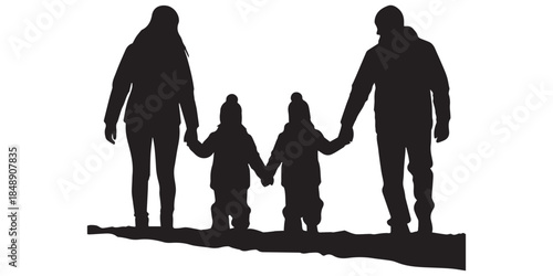 Parents walking with their children silhouette vector set. children, different poses and interactions, walking and holding hands, isolated on white background