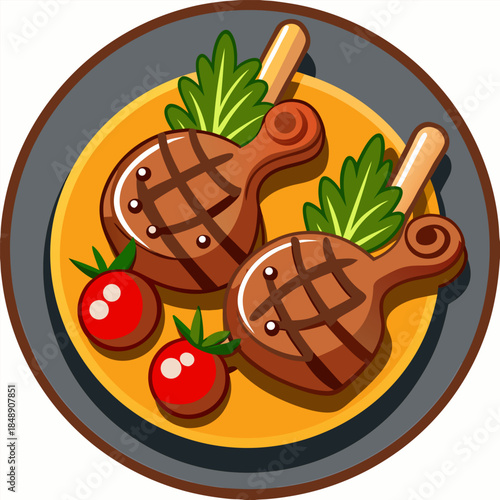 This image shows two grilled lamb chops served on a plate with cherry tomatoes, a sprig of rosemary, and a decorative drizzle of sauce