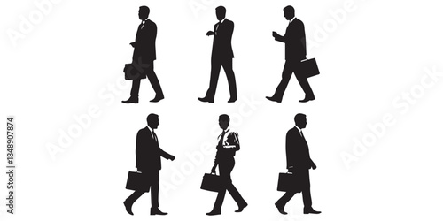 Business people silhouettes, professional men and women in suits, standing, walking, gesturing, holding briefcase, corporate teamwork poses, office staff, vector illustration