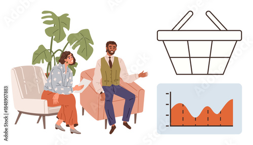 Two colleagues in conversation with a plant backdrop, next to a market basket icon and growth chart. Ideal for business strategy, teamwork, market analysis, sales, collaboration, planning