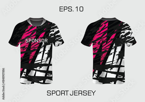 Modern sport jersey t-shirt design template with an abstract black and pink brushstroke pattern.