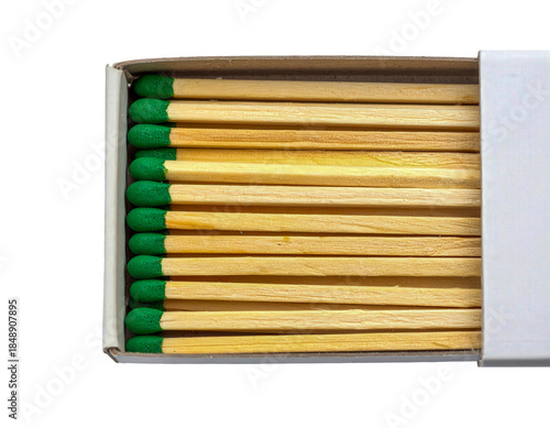 A box of wooden matches with green tips on transparent background