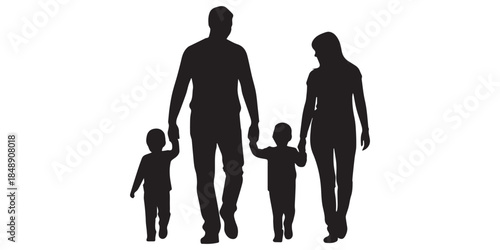 Parents walking with their children silhouette vector set. children, different poses and interactions, walking and holding hands, isolated on white background