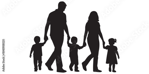 Parents walking with their children silhouette vector set. children, different poses and interactions, walking and holding hands, isolated on white background