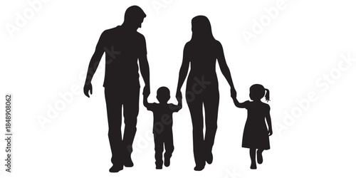 Parents walking with their children silhouette vector set. children, different poses and interactions, walking and holding hands, isolated on white background