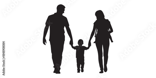 Parents walking with their children silhouette vector set. children, different poses and interactions, walking and holding hands, isolated on white background