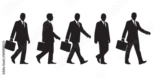 Business people silhouettes, professional men and women in suits, standing, walking, gesturing, holding briefcase, corporate teamwork poses, office staff, vector illustration