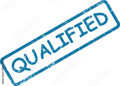 Blue rubber stamp impression distinctly shows the word QUALIFIED with a grunge texture on a clean white background