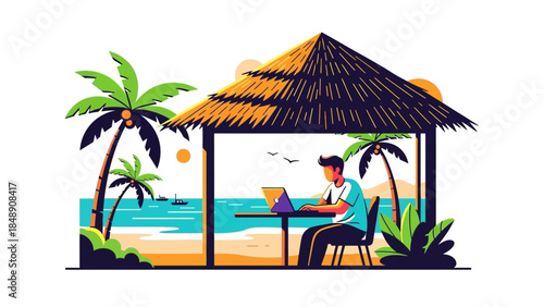Man working remotely from a tropical beach paradise under a thatched hut, enjoying a digital nomad lifestyle