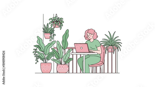 Woman working on a laptop on a balcony surrounded by lush green plants, enjoying a serene and productive atmosphere