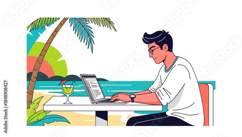 A young man works on his laptop while enjoying a tropical beach vacation, with a refreshing drink by his side