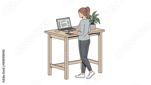 Illustration of a woman standing at a desk working on a laptop, with a plant on the side